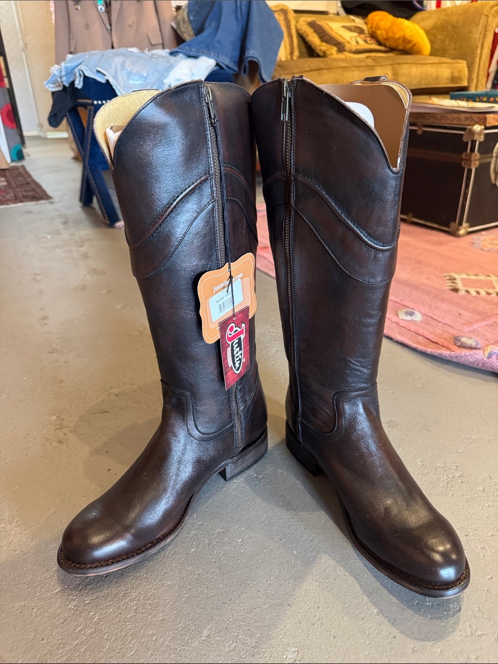 Justin Boots Tall Leather Riding Boots in Dark Brown-NWT!